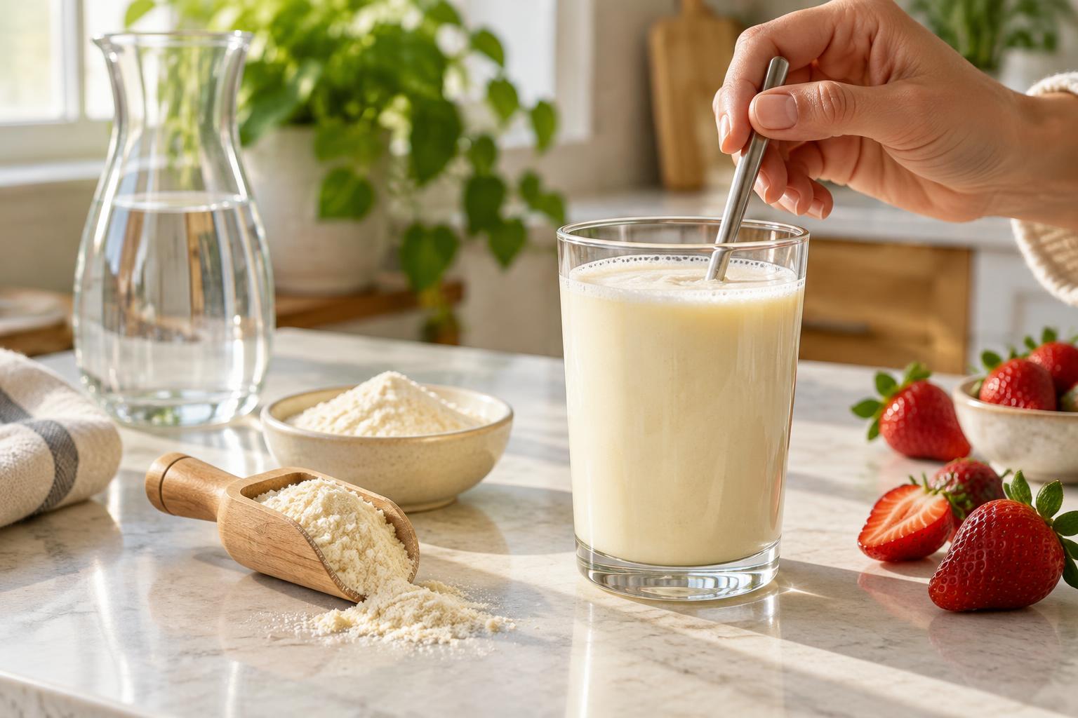 Stirring a creamy drink beside a scoop of nutritional powder